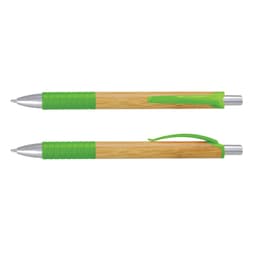 A bamboo pen with silver accents and bright green grip and clip sections. The pen features a logo.