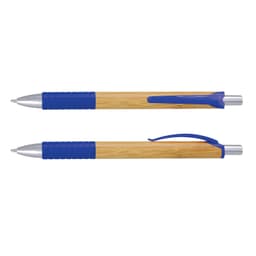 A bamboo pen with blue accents and a silver tip, featuring a textured grip and branding.