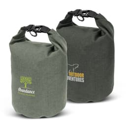 A green dry bag with a roll-top closure, featuring two distinct logos on either side.