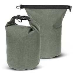 A green dry bag in two sizes, featuring a textured finish and a secure closure mechanism. It has a branding logo.