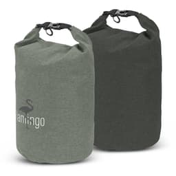 Two 10L dry bags in green and dark green, featuring a logo on one. Both have secure top closures.