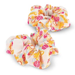 A set of two hair scrunchies featuring a colourful pattern of pink, orange, and yellow on a white background.