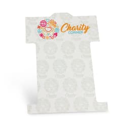 A display card for a promotional product featuring a logo and decorative elements, primarily in white with multicoloured graphics.