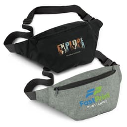 Two Byron Belt Bags in black and grey, featuring zippers and adjustable straps, with logos on the front.