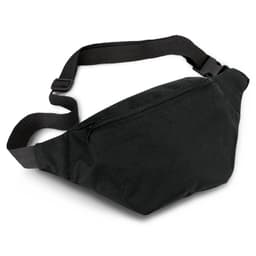 A black belt bag featuring a front zip pocket and an adjustable strap, with a logo visible on the fabric.
