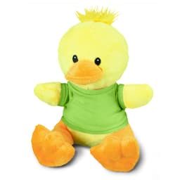 A yellow duck plush toy with an orange beak and feet, wearing a green shirt. It has a fluffy tuft on its head.