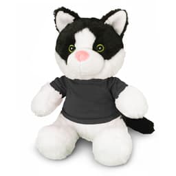A black and white cat plush toy wearing a dark grey shirt, featuring green eyes and a soft, cuddly appearance.
