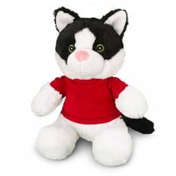 A black and white cat plush toy wearing a red shirt, featuring green eyes and a fluffy tail. It has a soft, cuddly texture.