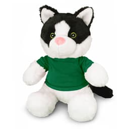 A black and white cat plush toy wearing a green shirt, featuring large green eyes and soft, fluffy material.