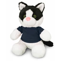 A plush toy cat featuring black and white fur with green eyes, wearing a navy blue shirt. It has a cute pink nose.
