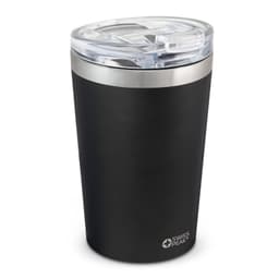 A drink bottle with a sleek black design, stainless steel rim, and a clear lid featuring a logo.