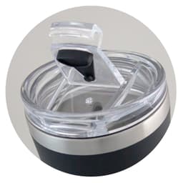 A drink bottle featuring a black exterior, stainless steel base, and a clear lid with a flip top. It has a branding logo.