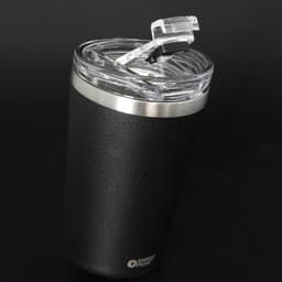 A drink bottle featuring a sleek black finish with a silver band and a clear lid. It has a logo on the front.