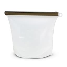 A white silicone reusable storage pouch with a bronze zip closure, featuring measurement markings.