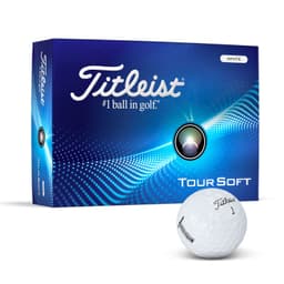 A pack of white Titleist Tour Soft golf balls with a box featuring a logo and blue design elements.