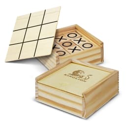 A Tic Tac Toe game set featuring a hexagonal wooden box, wooden board, and game pieces in black and natural wood colours.