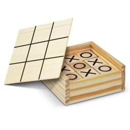 A wooden Tic Tac Toe game featuring a grid cover and pieces marked with 'X' and 'O'. The box is light brown.
