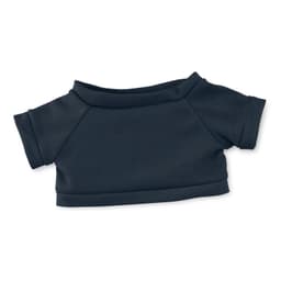 A navy blue plush toy shirt with short sleeves and a rounded neckline, featuring a simple design.