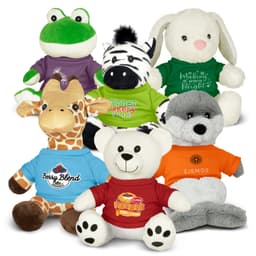 Assorted plush toys including a frog, zebra, giraffe, bear, and wolf, each wearing colourful shirts.