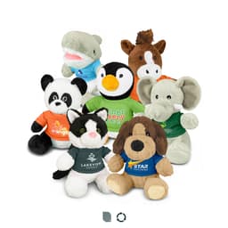 Assorted plush toys in various colours, including panda, penguin, and dog, each wearing a printed shirt.