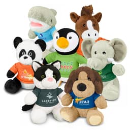 A collection of assorted plush toys including a panda, penguin, elephant, and more, each wearing colourful shirts.