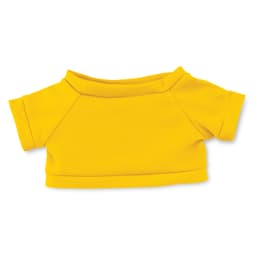 A yellow plush toy shirt with short sleeves and a round neckline, featuring a simple design.
