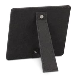 A black display stand with a textured surface and a foldable support arm at the back. It features a small logo.