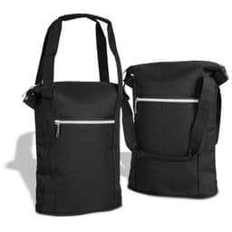 A drink bottle cooler bag in black, featuring a zippered front pocket and adjustable shoulder straps.