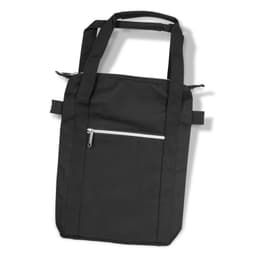 A black cooler bag with dual handles and a front zip pocket, featuring branding on the side.