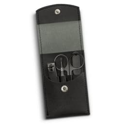 A black leather manicure set containing scissors, nail clippers, and a file, stored in a compact case with a snap closure.
