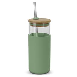 A glass tumbler in a muted green colour, featuring a bamboo lid and stainless steel straw.