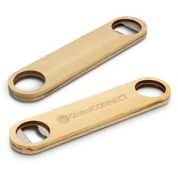 A drink bottle opener made of wood, featuring two circular openings and a logo on one side.