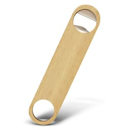 A drink bottle opener made of light wood, featuring two circular openings and a metal tip. Includes a branding logo.