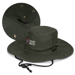 An olive green oilskin wide brim hat with ventilation holes and a chin strap, featuring a logo.