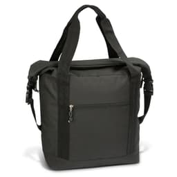 A roll top cooler bag in dark grey, featuring sturdy handles and a zippered front pocket. It includes a logo.