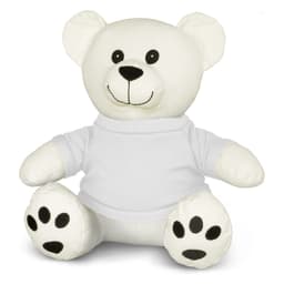 A plush toy bear in white with a friendly face and black accents, wearing a plain white shirt.
