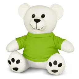 A plush toy bear with a white body and a green shirt, featuring black accents on the face and paws.