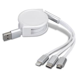 A retractable charging cable in white featuring USB, Lightning, and USB-C connectors. It includes a branding logo.