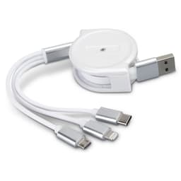 A retractable white charging cable with USB, Lightning, and USB-C connectors, featuring a silver accent.