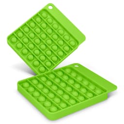 A green Pop Bubble Board featuring a grid of raised bubbles in a square shape, with a handle on one side.
