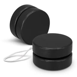 A black wooden yoyo featuring a string, designed with a smooth, round shape. The yoyo has a simple, sleek design.