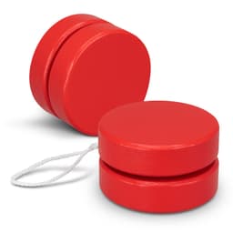 A red wooden yoyo with a string, featuring a smooth, rounded design and two circular pieces. It has a branding logo.