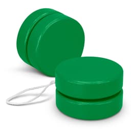 A green wooden yoyo with a white string, featuring a smooth, rounded shape and a glossy finish.