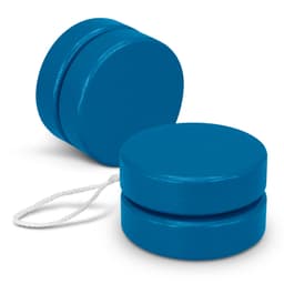 A blue wooden yoyo with a white string, featuring two circular halves joined together.