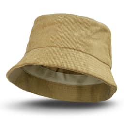 A tan corduroy bucket hat featuring a round brim and an interior lining, designed for headwear.