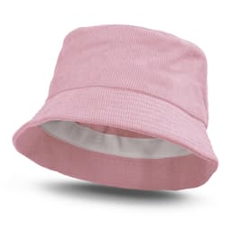 A pink corduroy bucket hat with a white inner lining and a subtle logo.