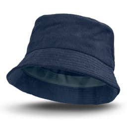 A navy corduroy bucket hat with a soft interior and a wide brim, featuring a logo.