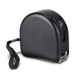 A black tape measure with a retractable mechanism and a strap for easy carrying.