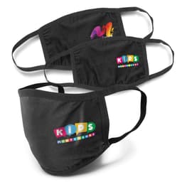 Three black reusable 3-ply cotton face masks featuring colourful logos, arranged with one mask in front.