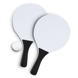 A pair of white paddle ball rackets with black handles and a small white ball. The paddles are flat and round.